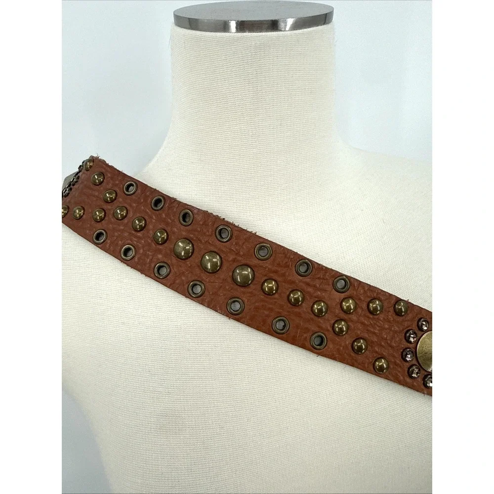 LeatheRock Womens Brown Leather Studded Rhinestone Belt Size M34 Boho Cowgirl
